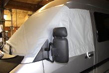 side view of white marine grade windshield cover for Sprinter vans